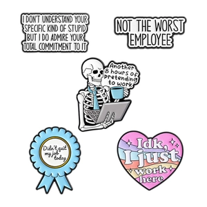 Funny office skull enamel pins set with sarcastic work quotes for backpacks and jackets