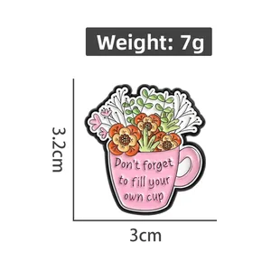 Detailed view of pink flower cup enamel pin with size and weight measurements