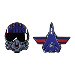 Blue and red mechanical pilot helmet and fighter jet enamel brooch pin set for clothing