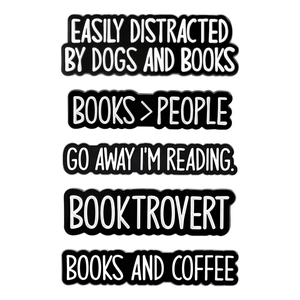 Set of 5 minimalist black and white Booktrovert enamel pins for book lovers and readers