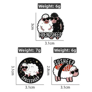 Detailed size chart for three creative enamel sheep pins with dimensions and weight info