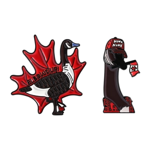 Cartoon Canada goose enamel pins set with maple leaf and flag motifs in metal finish