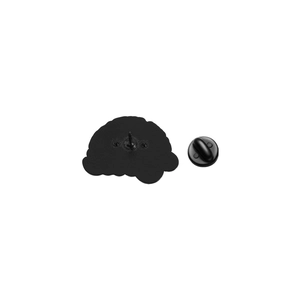 Detail view of the black rubber clutch and metal pin backing for enamel cat brooches