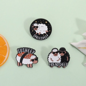 Funny cartoon sheep enamel pins set featuring space, sushi, and friend sheep designs