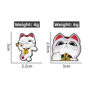 Detail showing two Maneki Neko enamel pins with specific weight and size dimensions