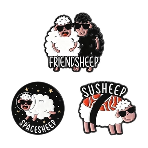 Funny cartoon sheep enamel pins set with sunglasses featuring space and sushi themes