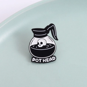 Gothic POT HEAD enamel pin featuring a skeleton skull inside a black coffee pot
