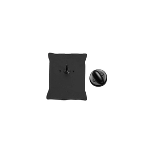 Detail view of the metal lapel pin back with needle pin and black rubber clutch backing