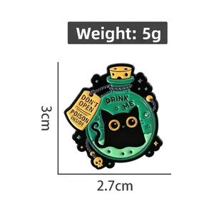 Detail view of black cat potion enamel pin with size and weight measurement specs