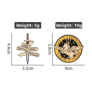 Detailed view of enamel pins with sizes 4.4x3.3cm and 3.8x4.0cm for mythology themed brooches