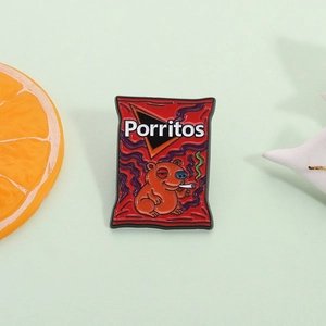 Funny red snack bag enamel pin featuring a capybara and creative Porritos design