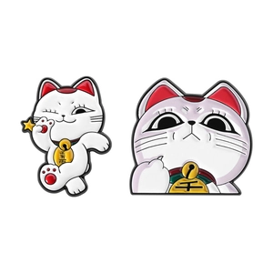 Cute Japanese lucky cat enamel pins set featuring white Maneki Neko cartoon designs