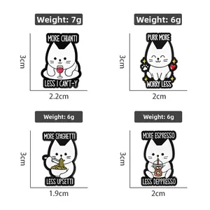 Detailed size and weight specs for various cartoon cat enamel lapel pins and badges