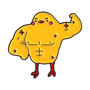 Funny muscular baby chick enamel pin badge with yellow finish and star details on white back