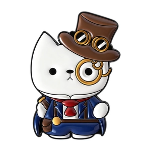 Detailed view of a white steampunk cat enamel pin with a top hat and monocle