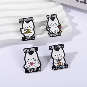Set of four white cat enamel pins featuring coffee, pasta, and wine on a wave display stand