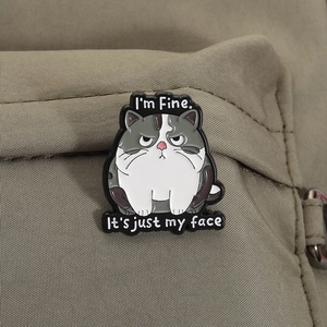 Detail der Zeichentrick Emaille-Anstecknadel Katze mit I'm Fine Text auf Stoff
