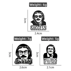 Detailed dimensions and weight specifications for black and white portrait enamel pins