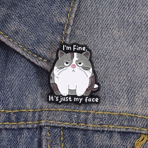 Detail der zynischen Katzen-Emaille-Anstecknadel auf blauer Jeansjacke mit Text