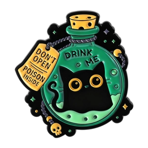 Gothic black cat poison bottle enamel pin with green potion and skull pendant