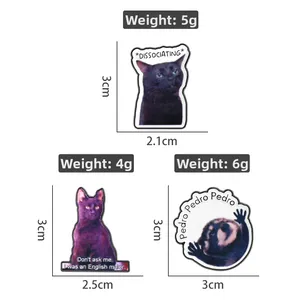 Size details of funny cat and raccoon enamel pins with funny English quotes
