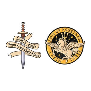Greek mythology enamel pin set featuring Pegasus trident badge and sword with ribbon