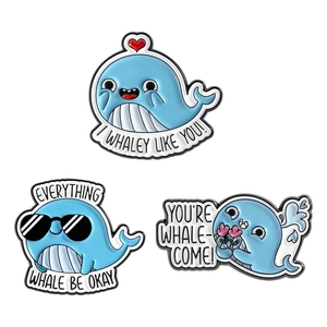 Three-piece blue whale enamel pin set with cute sea animal puns and funny English quotes