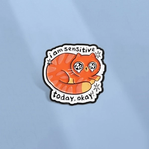 Creative Cartoon Crying Orange Cat Enamel Brooch Pin With Sensitive Quote Alloy Animal Badge Jewelry For Clothes Bag Decoration