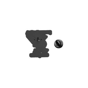 Detail view of the durable matte black metal badge back with a flexible rubber clutch pin