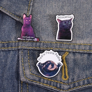 Funny cat meme enamel pins set with English major cat and Pedro raccoon on denim