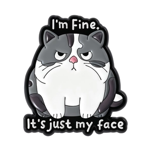 Funny enamel cat brooch featuring a grumpy face and I'm Fine It's just my face text slogan
