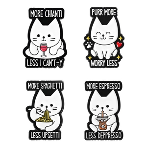 Set of four funny white cat enamel pins with humorous cat puns and food themes