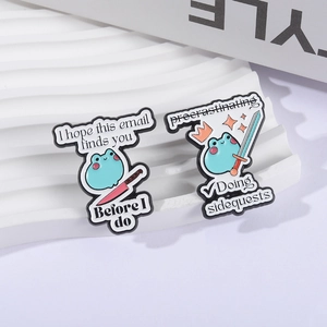 Funny frog enamel pins with sword and sarcastic slogans on white textured background