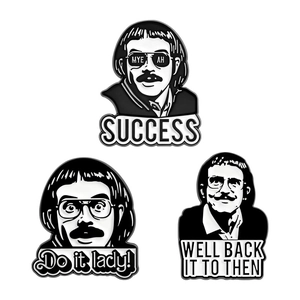 Three-piece set of black and white enamel meme badges with humorous English quotes