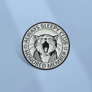 Round Zinc Alloy Enamel Pin Always Sleepy Club Cat Yawn Brooch Funny Animal Badge For Backpack Clothing Jacket Accessory