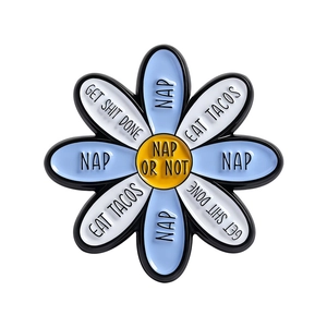 Funny flower enamel pins featuring playful nap and taco quotes for backpack decoration