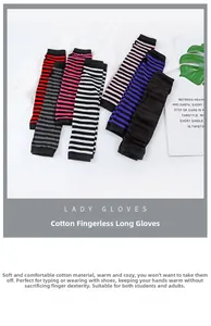Close-up of assorted striped knitted fingerless arm warmers in various color combinations