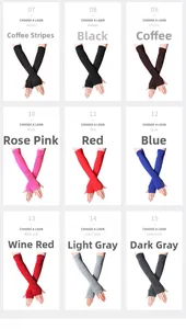 Collection of long knit fingerless gloves in nine colors with thumb hole design
