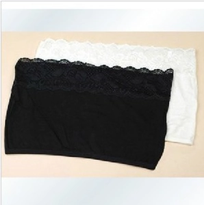 Close-up of lace trim detailing on black and white modal tube tops for women