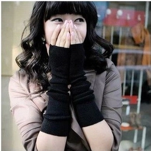 Women Long Fingerless Knit Gloves Arm Warmer Winter Solid Color Striped Thumb Hole Arm Sleeves Warm Wrist Covers Accessory