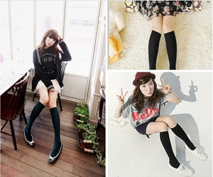 Three-way split view of black knee-high school socks showing texture and fit on legs
