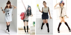 Collage of student outfits featuring black knee-high socks and casual school fashion