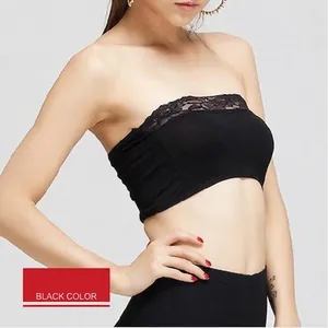 Women black strapless lace bandeau bra in bamboo fiber with elegant floral trim