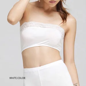 Sultry white lace tube top for women made from soft bamboo fiber with delicate floral edges