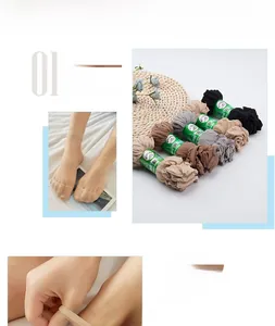 Detail showing ultra-thin sheer crystal silk socks in beige, grey and black colors