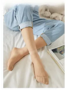 Close-up of nude ultra-thin transparent ankle socks with reinforced toes and elastic cuffs