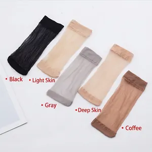 Five pairs of silky sheer low-cut nylon socks in black, nude, gray, tan, and coffee tones