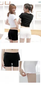 Detail of high waist safety shorts with elastic waistband and delicate ruffled hem edges