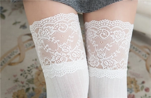Detailansicht weißer Overknee-Socken mit floralem Spitzenbesatz und gerippter Textur