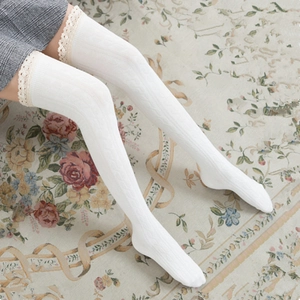 Japanese style white cable-knit thigh high socks with lace trim for women